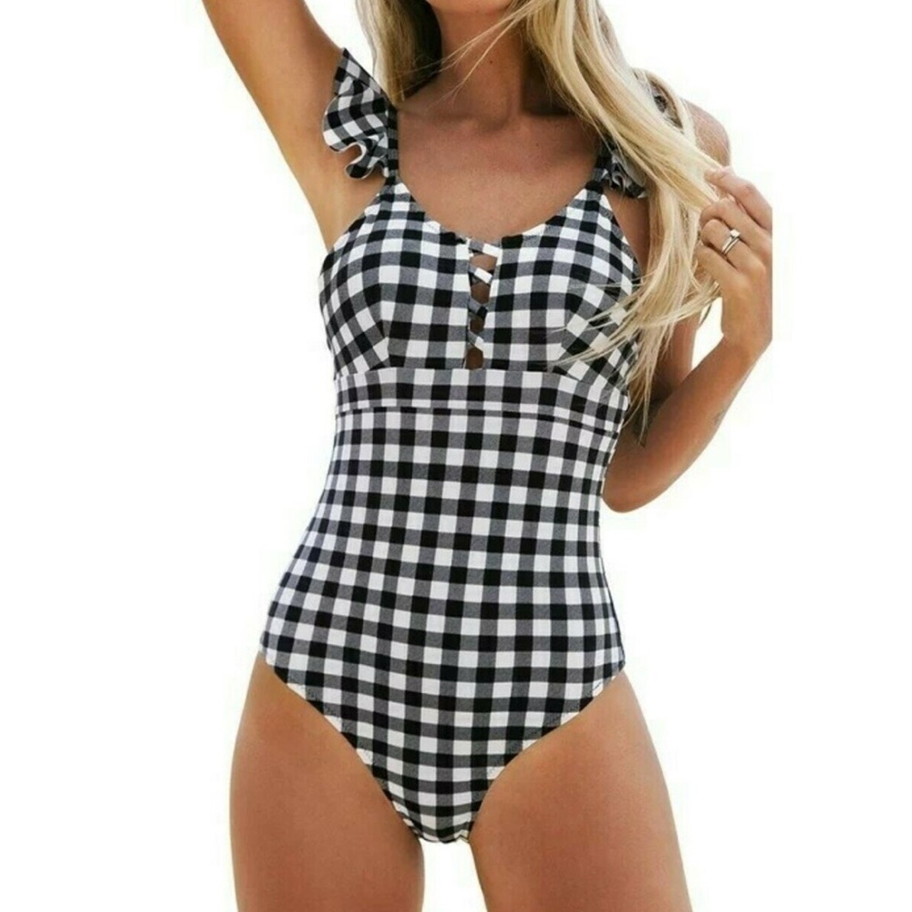 Cupshe Black & White Gingham Ruffle One Piece Swimsuit Medium | Retro Plaid - Picture 2 of 7